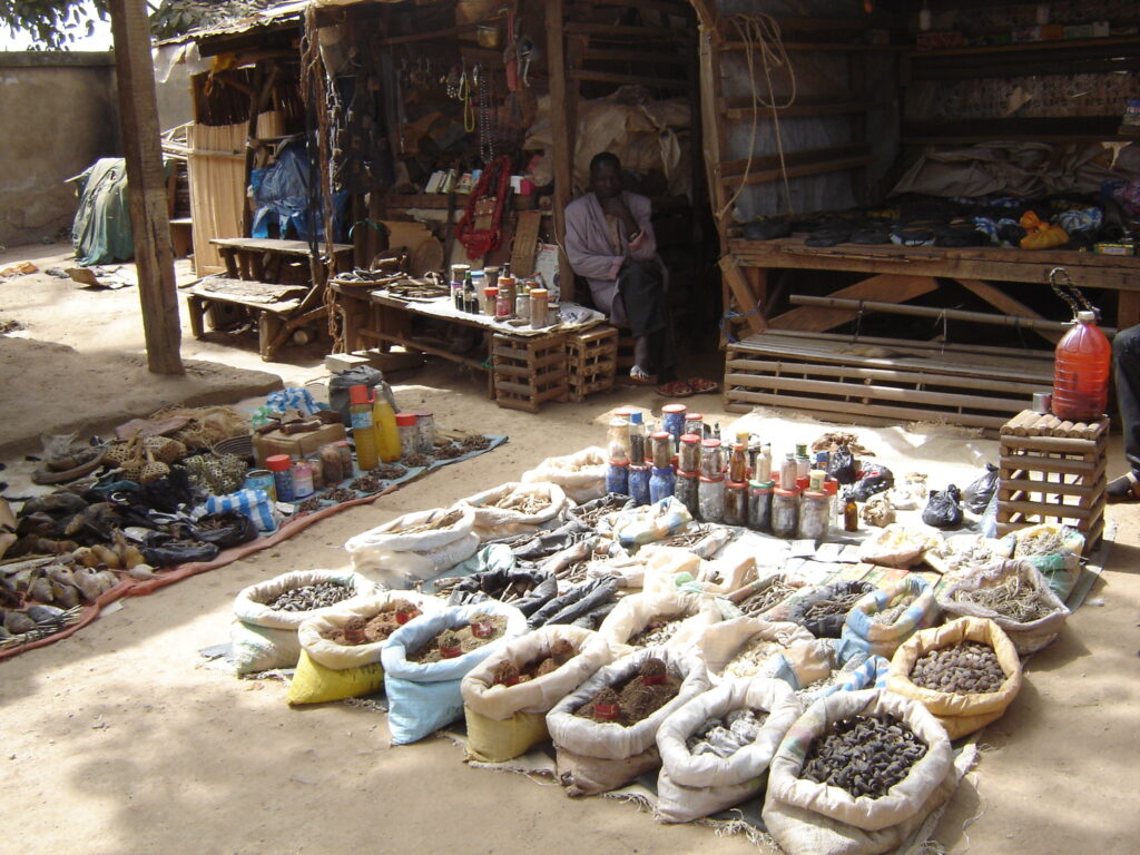 Traders and stalls at an outdoor market in Cameroon in 2007.
