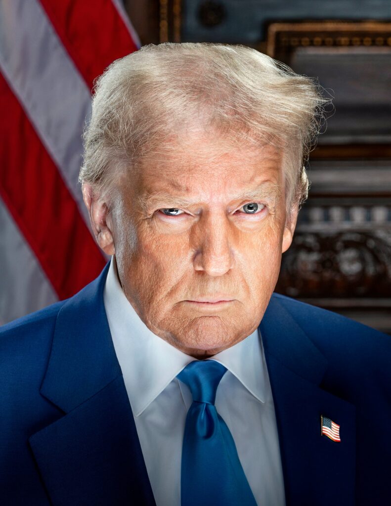 Official January 2025 portrait of Donald Trump wearing a dark suit and blue tie.